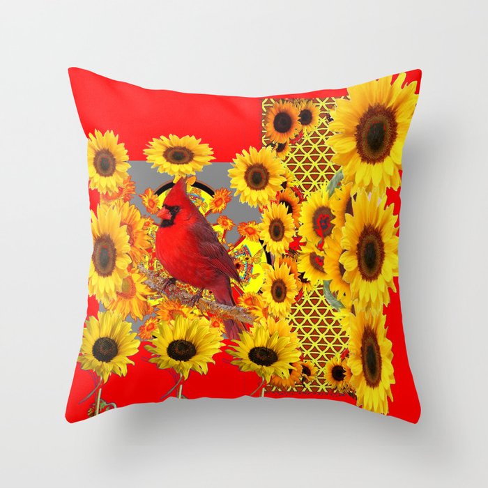 Red Cardinal Bird Yellow Sunflowers Abstract Throw Pillow By Red Cardinal Bird Yellow Sunflowers Abstract Throw Pillow