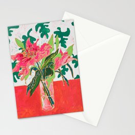 Tropical Lily Bouquet with Matisse Cutout Inspired Background Floral Still Life Painting Stationery Card