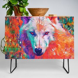 Wolf Arctic White Rainbow Colorful Painting  Credenza