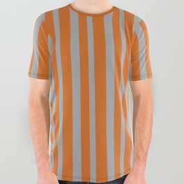 [ Thumbnail: Dark Grey & Chocolate Colored Lines/Stripes Pattern All Over Graphic Tee ]