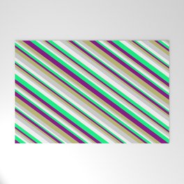 [ Thumbnail: Eye-catching Purple, Dark Khaki, Light Gray, White & Green Colored Lined Pattern Welcome Mat ]