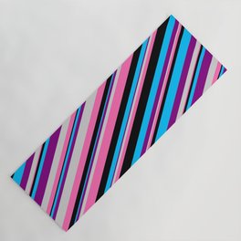 [ Thumbnail: Eyecatching Deep Sky Blue, Purple, Light Grey, Hot Pink, and Black Colored Lined Pattern Yoga Mat ]
