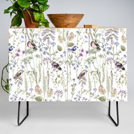 Hand Painted Watercolor Wildflowers And Birds Meadow Credenza