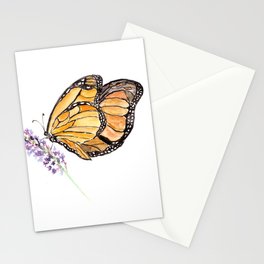 Monarch Butterfly Watercolor Art, Orange Butterfly Painting, Purple Flower Stationery Cards