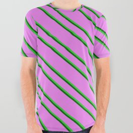 [ Thumbnail: Violet, Lime Green & Dark Green Colored Pattern of Stripes All Over Graphic Tee ]