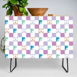 Checkered Peace Symbol & Yin Yang Pattern \\ Funky Multicolor Credenza