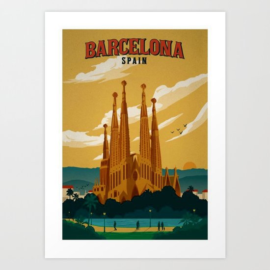 Barcelona Spain Vintage Travel Old Poster Print Art Painting Bathing Pool A3 