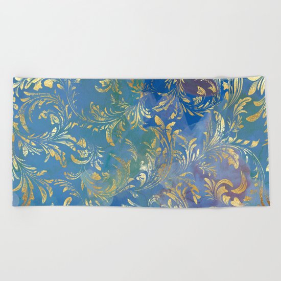 Blue Gold Swirls #2 Beach Towel