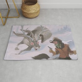 Frost - The legend of the snow beast was true Rug | Antlers, Wildwest, Storm, Winter, Western, Forest, Woods, Cowboy, Painting, Oldwest 