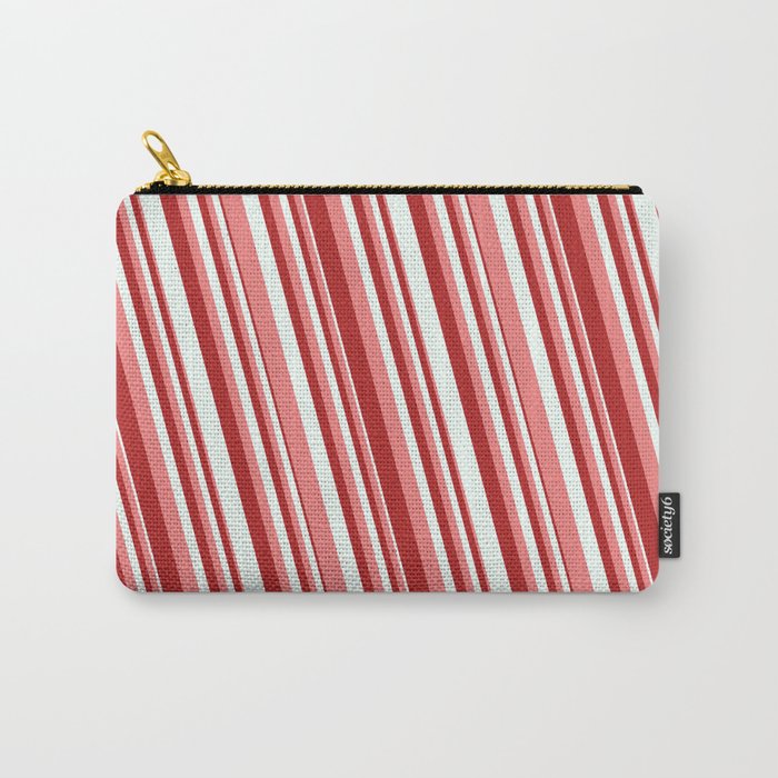 Light Coral, Red & Mint Cream Colored Stripes Pattern Carry-All Pouch