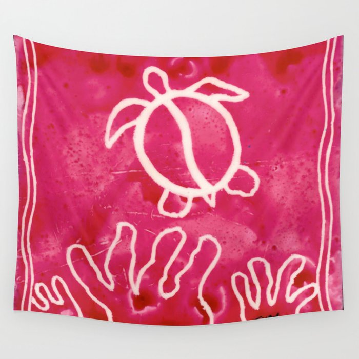 Honu Petroglyph with Coral - Pink Wall Tapestry