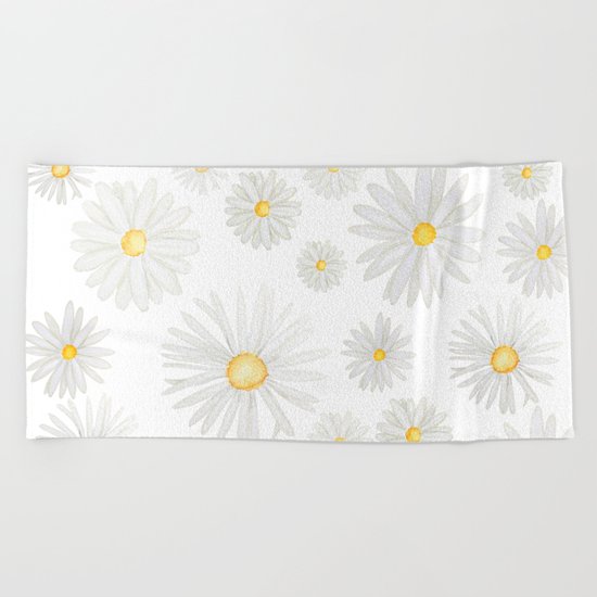 white daisy pattern watercolor Beach Towel