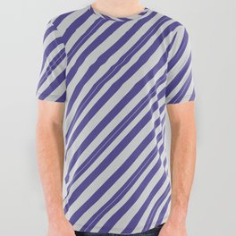 [ Thumbnail: Dark Slate Blue and Light Grey Colored Lined/Striped Pattern All Over Graphic Tee ]