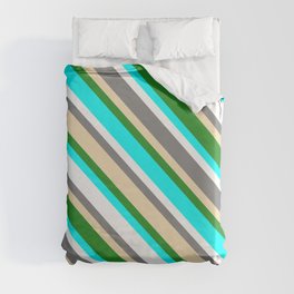 [ Thumbnail: Colorful Grey, Tan, Forest Green, Aqua & White Colored Pattern of Stripes Duvet Cover ]