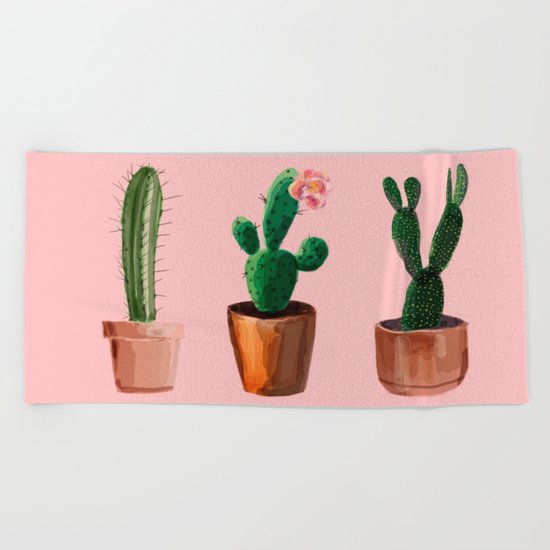 Three Cacti On Pink Background Beach Towel