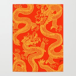 Red and Gold Battling Dragons Poster