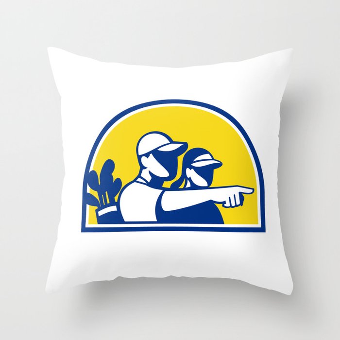 Caddie and Golfer Pointing Retro Throw Pillow
