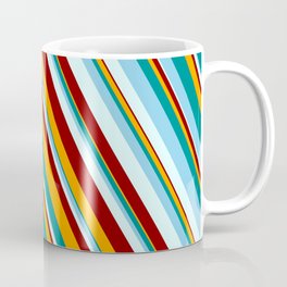 [ Thumbnail: Vibrant Dark Cyan, Sky Blue, Light Cyan, Dark Red & Orange Colored Lined/Striped Pattern Coffee Mug ]