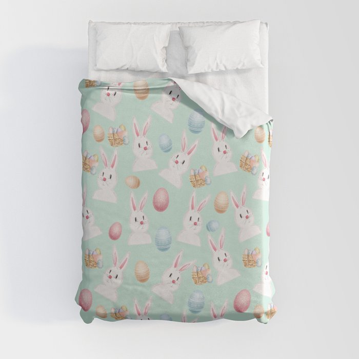 Easter Bunny And Eggs Pattern- Mint Green  Duvet Cover