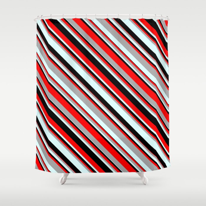 Red, Dark Grey, Light Cyan, and Black Colored Striped Pattern Shower Curtain