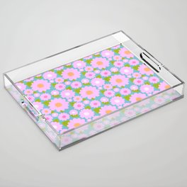 Pretty Pink Summer Flowers On Turquoise Blue Acrylic Tray