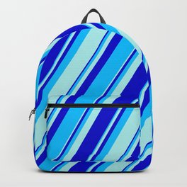 [ Thumbnail: Turquoise, Blue, and Deep Sky Blue Colored Pattern of Stripes Backpack ]
