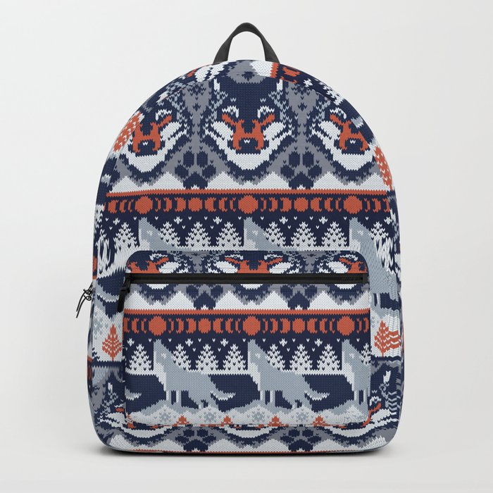 Fair isle knitting grey wolf // navy blue and grey wolves orange moons and pine trees Backpack