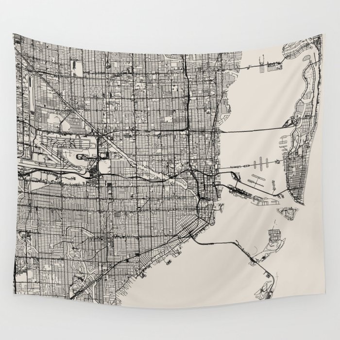 USA, Miami Map - Black and White Wall Tapestry