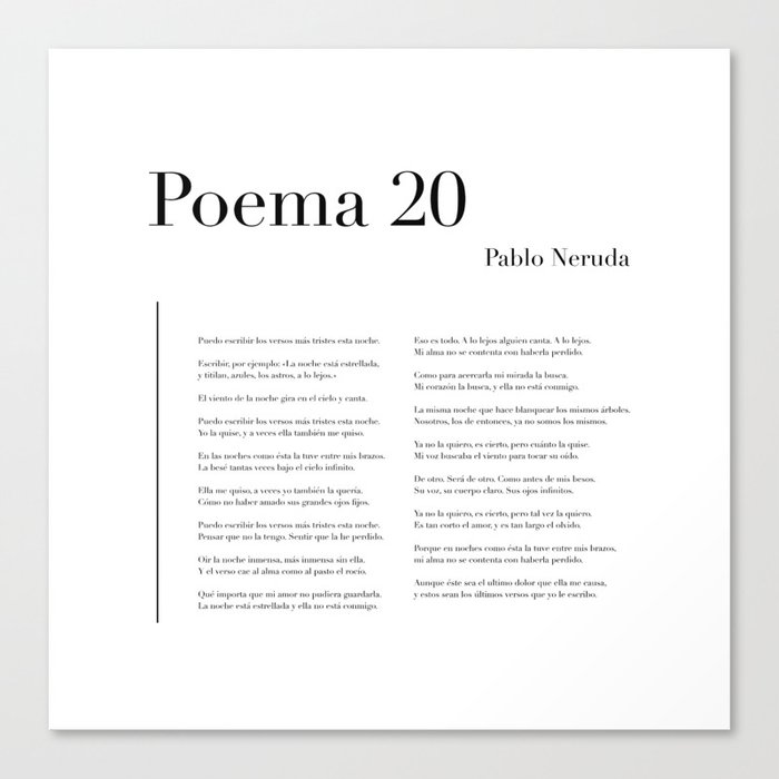 Poema 20 de Pablo Neruda Canvas Print