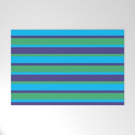 [ Thumbnail: Dark Slate Blue, Sea Green & Deep Sky Blue Colored Striped Pattern Welcome Mat ]