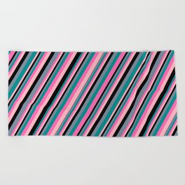 [ Thumbnail: Light Slate Gray, Dark Cyan, Hot Pink, Light Pink, and Black Colored Striped/Lined Pattern Beach Towel ]