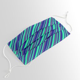 [ Thumbnail: Green, Dark Slate Blue & Dark Blue Colored Lined/Striped Pattern Face Mask ]