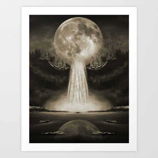 Waterfall Moon Sepia Art Print