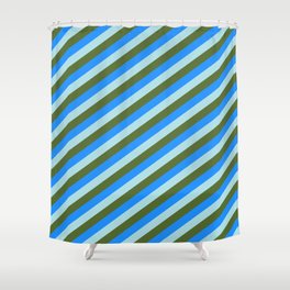 [ Thumbnail: Blue, Powder Blue, and Dark Olive Green Colored Lined/Striped Pattern Shower Curtain ]