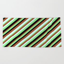 [ Thumbnail: Light Green, Black, Sienna, and Light Cyan Colored Lined Pattern Beach Towel ]