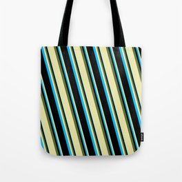 [ Thumbnail: Dark Olive Green, Pale Goldenrod, Deep Sky Blue, and Black Colored Pattern of Stripes Tote Bag ]