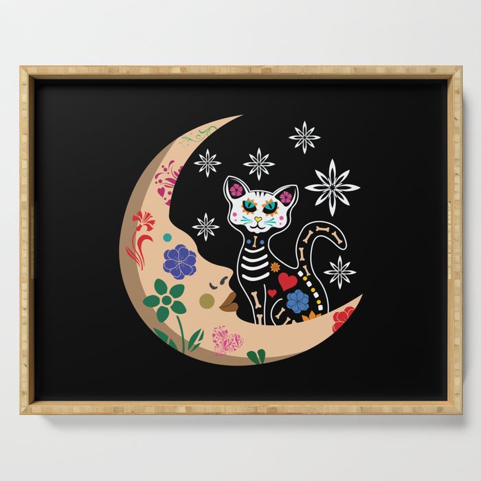 Muertos Day Of Dead Sugar Skull Cat Moon Halloween Serving Tray