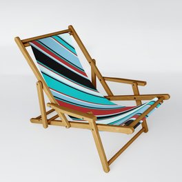 [ Thumbnail: Colorful Black, Dark Turquoise, Red, Light Cyan, and Sky Blue Colored Pattern of Stripes Sling Chair ]