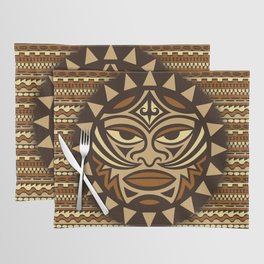 Ethnic symbol-mask of the Maori people - Tiki on seamless pattern. Thunder-like is symbol of God. Sacrad tribal sign in the Polenesian style. Placemat