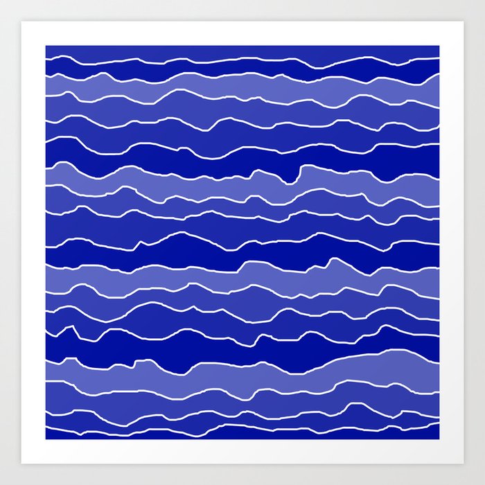 Four Shades of Blue with White Squiggly Lines Art Print