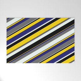 [ Thumbnail: Eyecatching Dim Grey, Mint Cream, Black, Yellow, and Midnight Blue Colored Stripes Pattern Welcome Mat ]