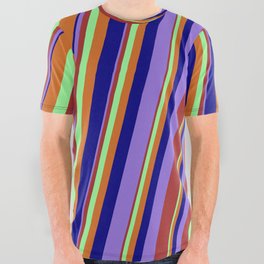 [ Thumbnail: Colorful Brown, Green, Chocolate, Blue, and Purple Colored Lined Pattern All Over Graphic Tee ]