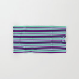 [ Thumbnail: Aquamarine & Purple Colored Striped/Lined Pattern Hand & Bath Towel ]