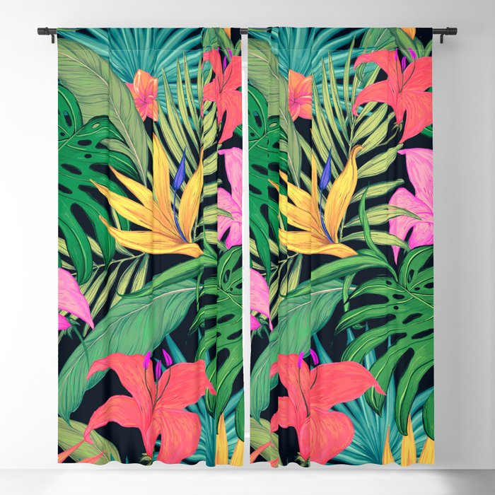 Colorful Tropical Leaves and Flowers Blackout Curtain
