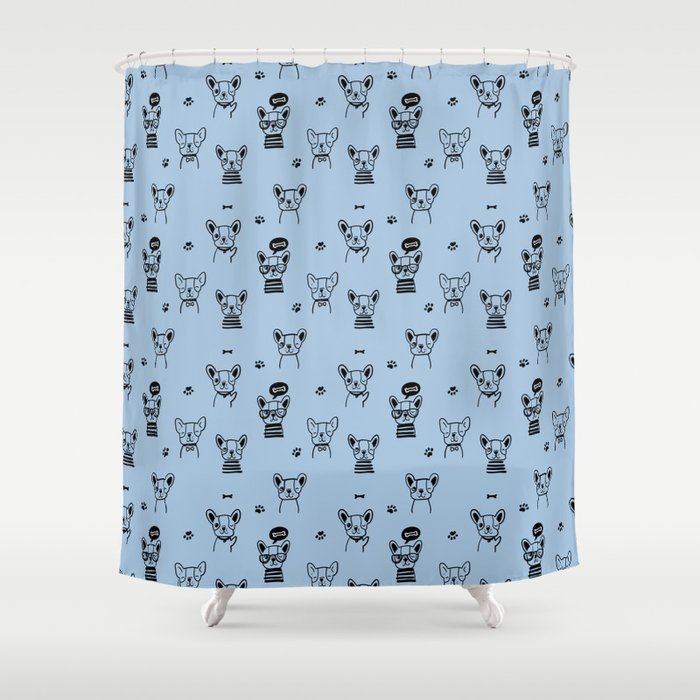 Pale Blue and Black Hand Drawn Dog Puppy Pattern Shower Curtain