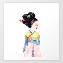Watercolor Korean beauty - Red Bow Art Print