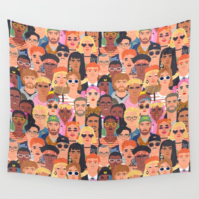 Crowd of diverse people cartoon character group seamless pattern Wall Tapestry