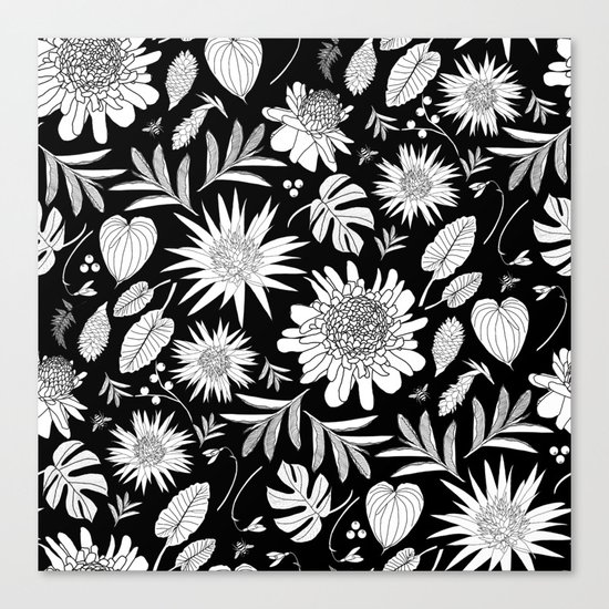 TROPICAL FLORAL BLACK & WHITE Canvas Print