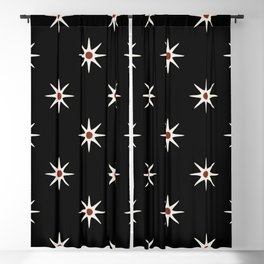 Atomic mid century retro star flower pattern in black background Blackout Curtain