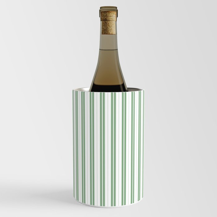Fern Green and White Narrow Vertical Vintage Provincial French Chateau Ticking Stripe Wine Chiller